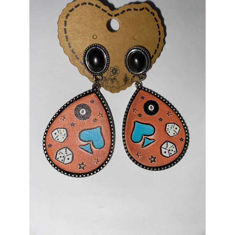 Western Casino Themed Faux Leather Teardrop Earrings - Picture 2 of 3
